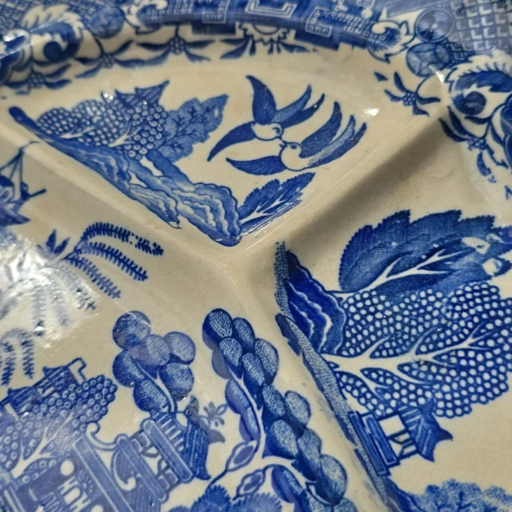 Antique 🐦 Old Blue Willow Divided CHINOISERIE Grill Plate Vintage made In Japan